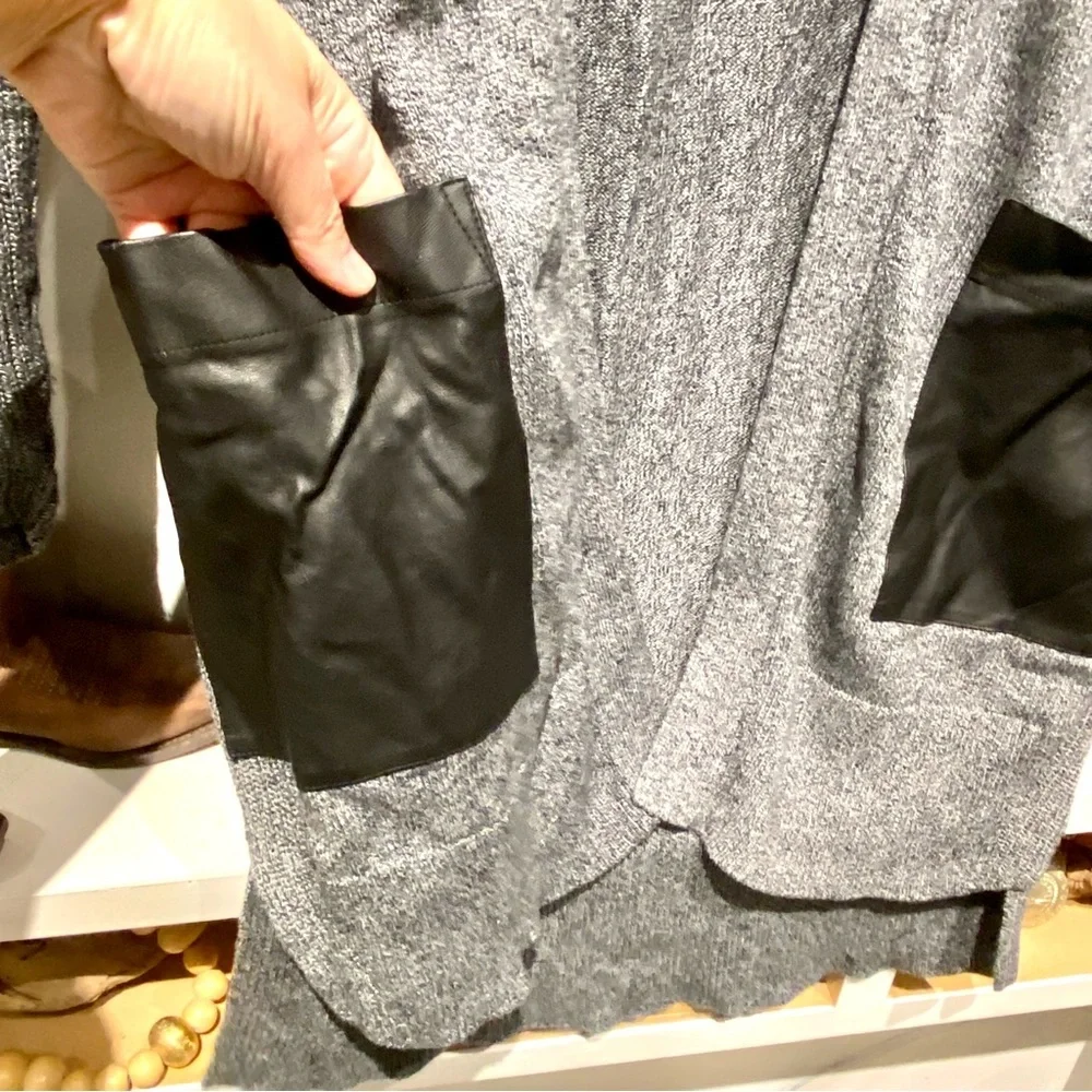 Vegan LEATHER pockets & sleeves open front boho cardigan w midcentury vibe - Picture 6 of 10